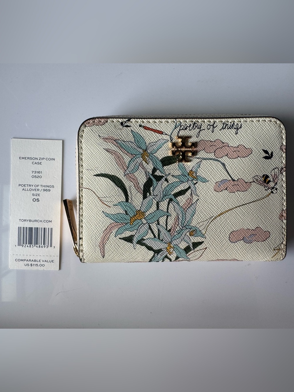 Tory Burch White Zip Wallet with Light Blue Floral Print and Pink Cloud Accents - Picture 6 of 6